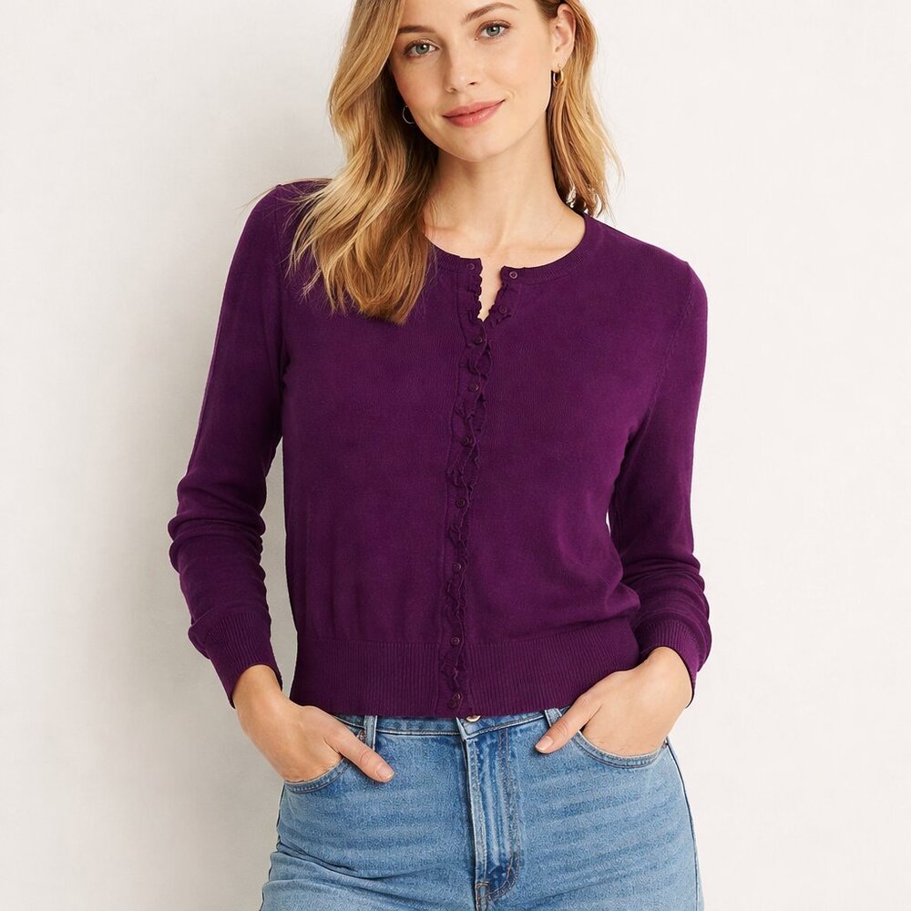 LOFT Deep Purple Ruffle Cardigan S